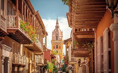 A view down a street in Cartagena, Colombia